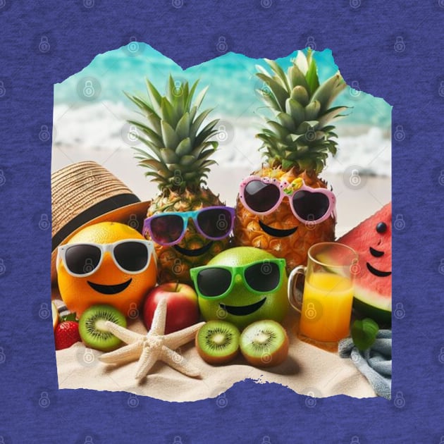 A collection of fruits sunbathing on the beach wearing sunglasses and hats by maricetak